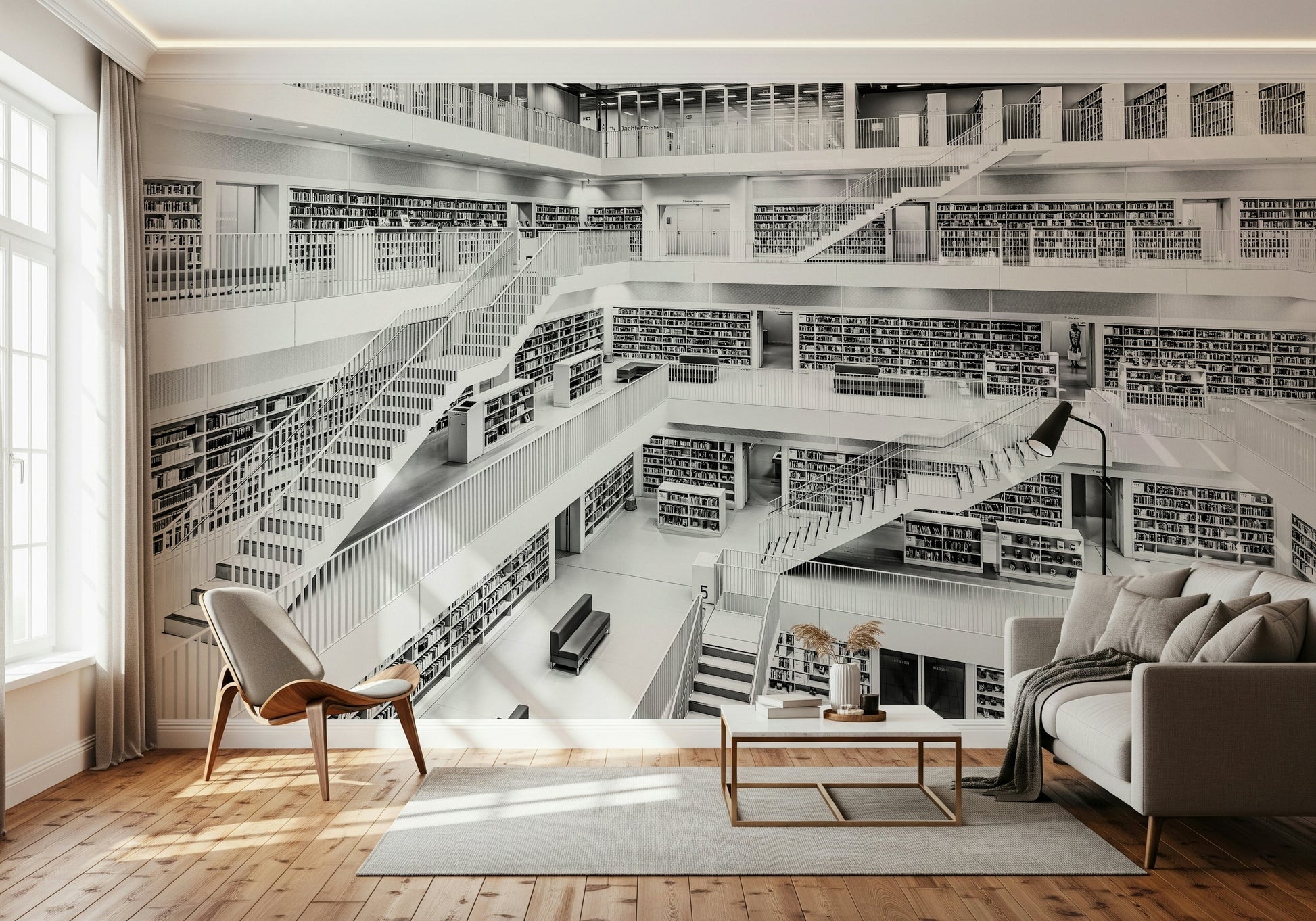 Minimalist grayscale library mural perfect for home offices, studies, or living rooms.