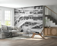 Monochrome Library wallpaper with detailed book spines for a timeless, intellectual vibe.