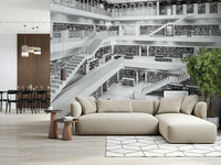 Wall mural featuring monochrome bookshelves for a chic, modern literary aesthetic.