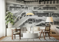 Library-inspired wallpaper in black and white for stylish and cozy interior decor.