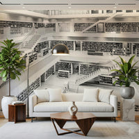 Monochrome Library Wall Mural featuring black-and-white bookshelves for a classic library look.