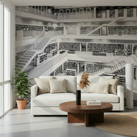 Artistic monochrome mural depicting books and shelves for cozy reading rooms.