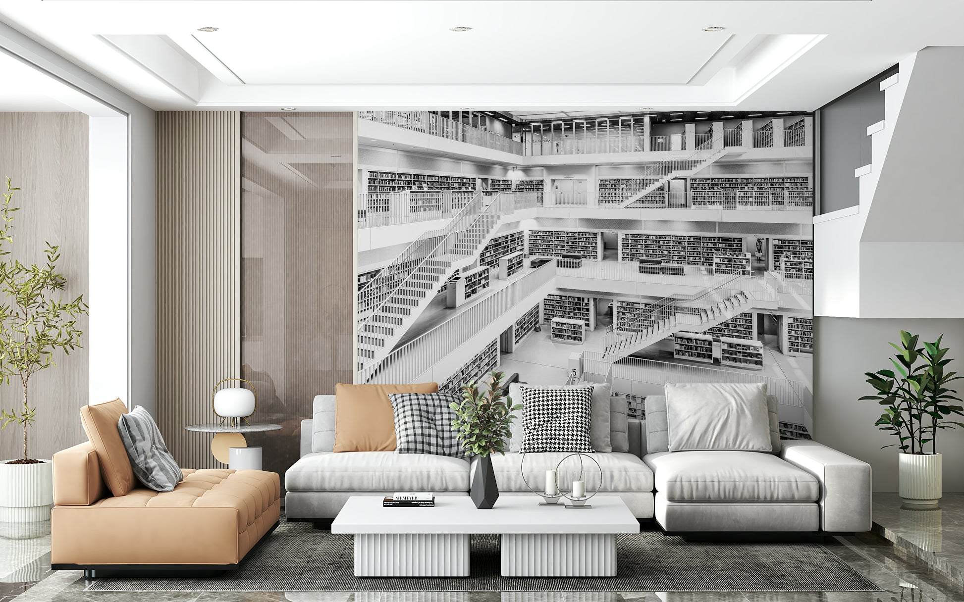 Black-and-white library wall covering adding elegance and literary charm to interiors.