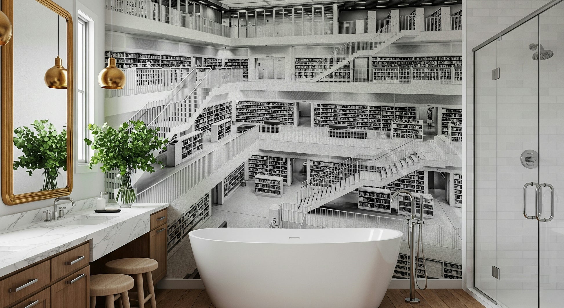 Monochrome Library wall mural evoking a calm, studious, and classic atmosphere.