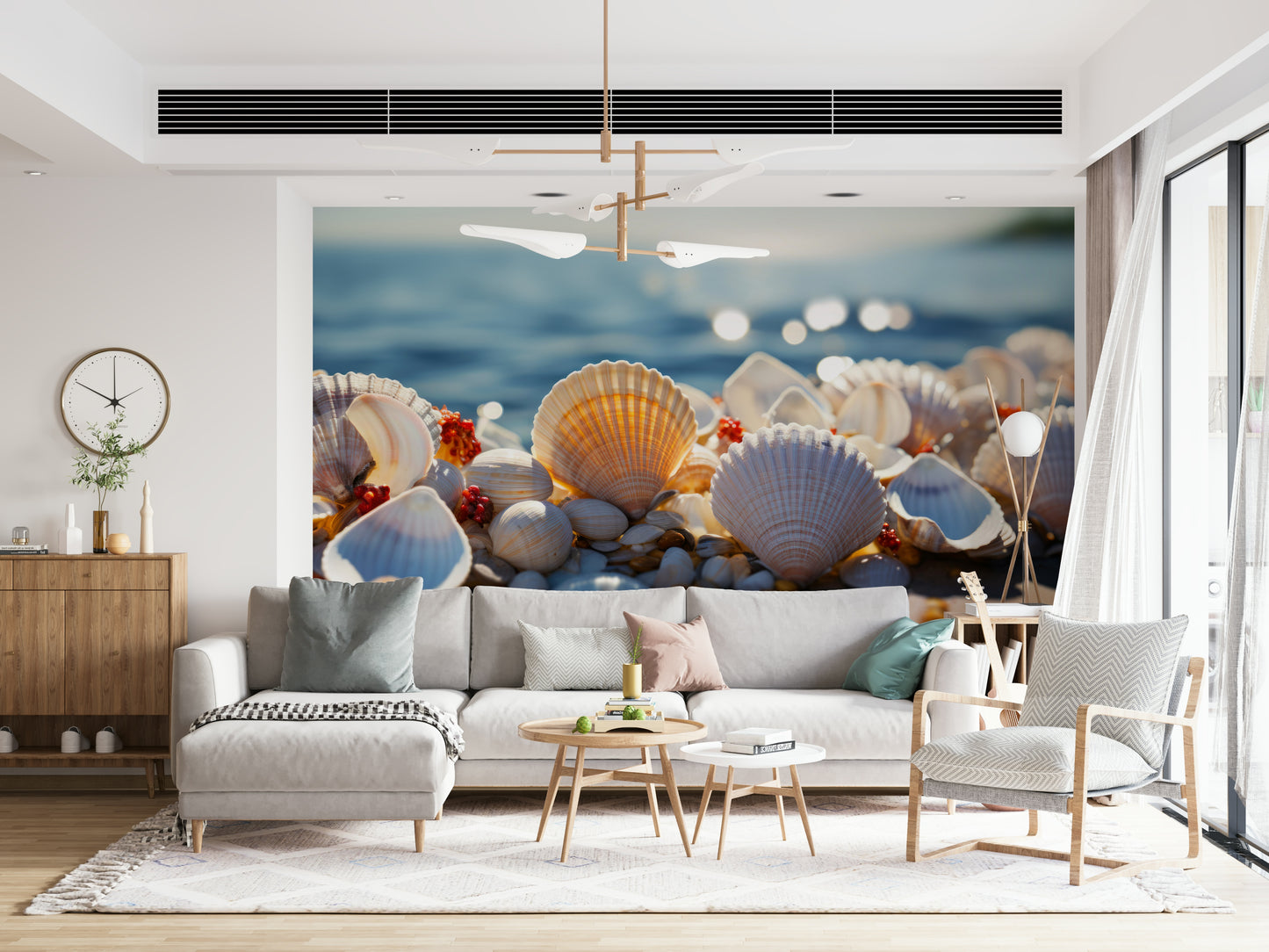 Seashell Serenity Wall Mural featuring realistic seashells on a soft sandy background.