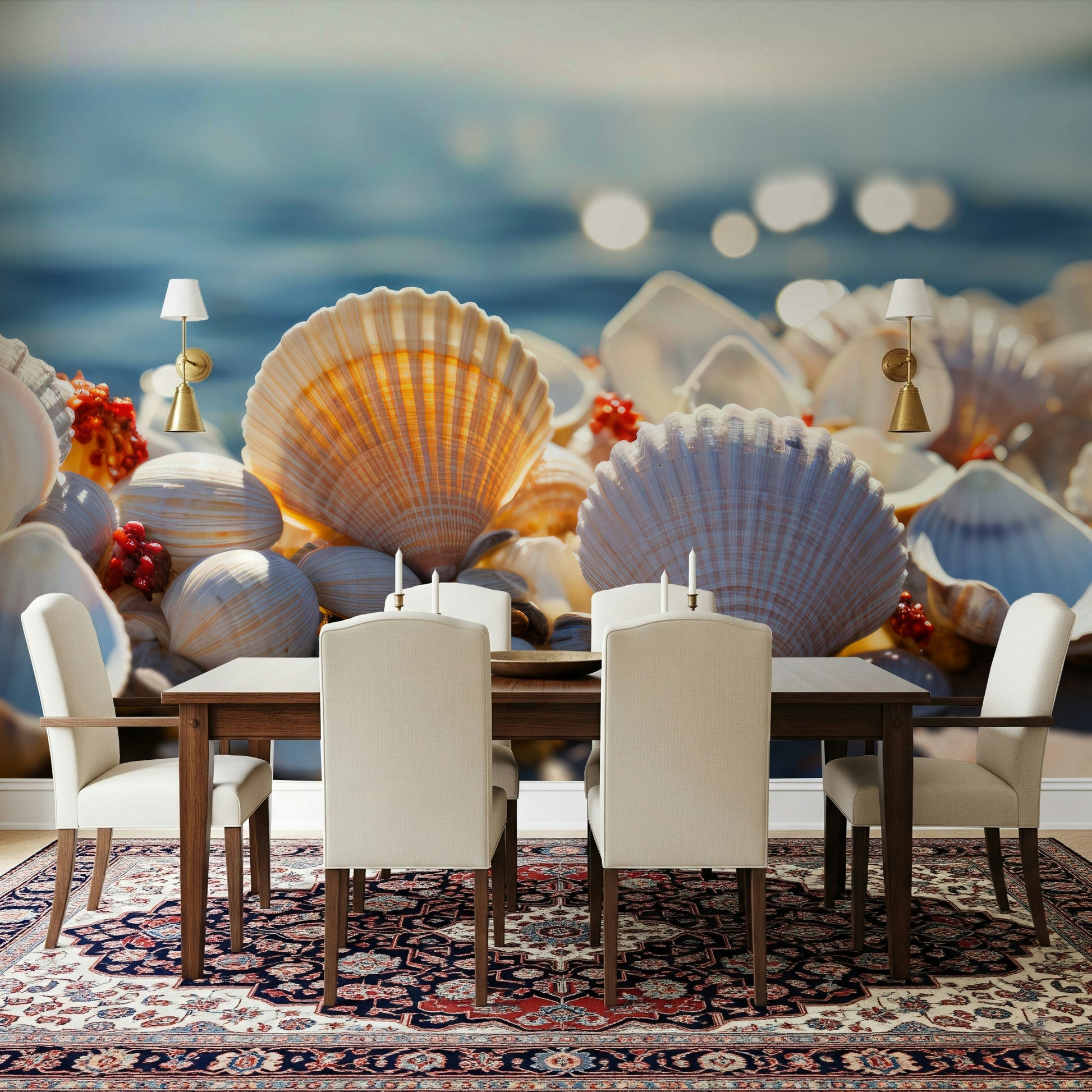 Realistic seashell wall mural for a tranquil, nature-inspired home setting.