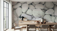 Smooth white pebble wallpaper evoking calm, peaceful, and modern home vibes.