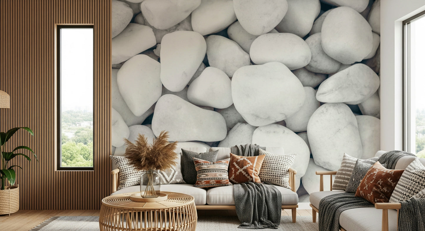 White Pebble Dream Wall Mural featuring smooth white pebbles for a serene, natural look.