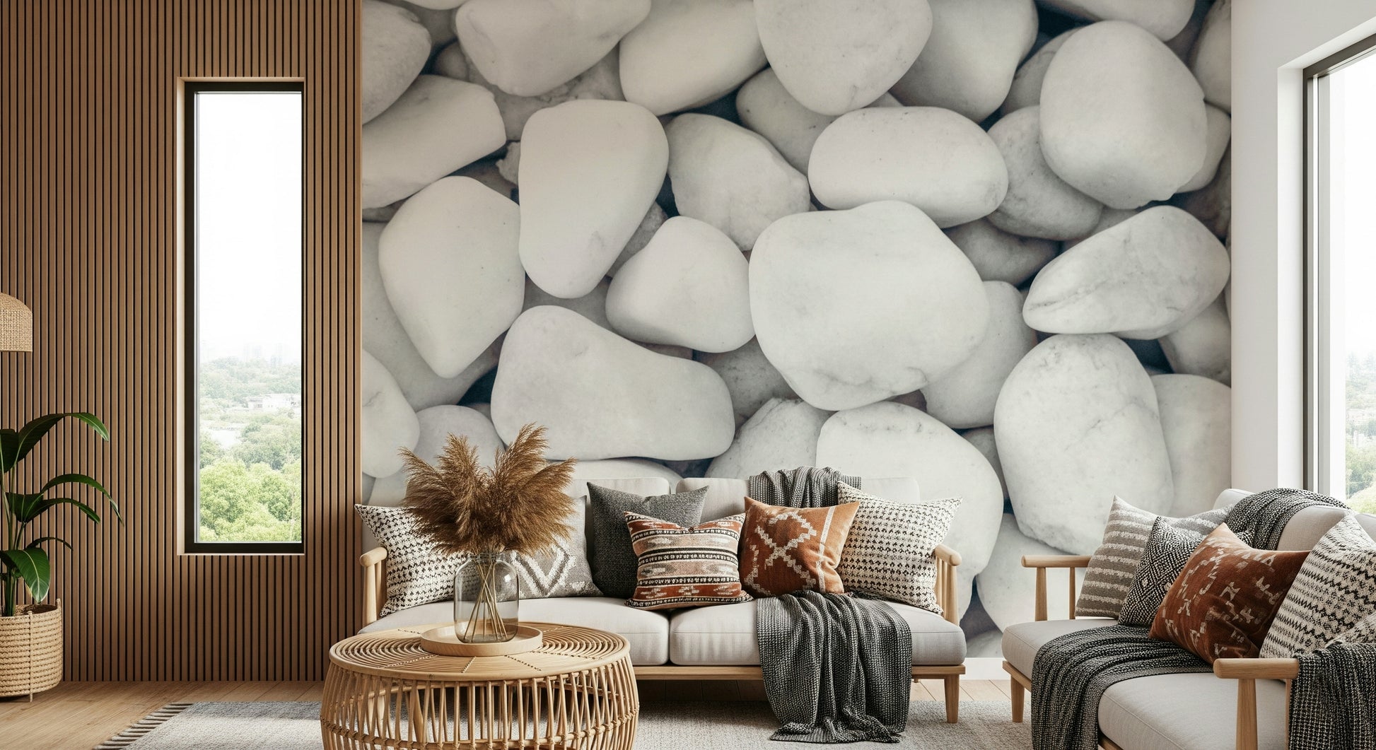 White Pebble Dream Wall Mural featuring smooth white pebbles for a serene, natural look.