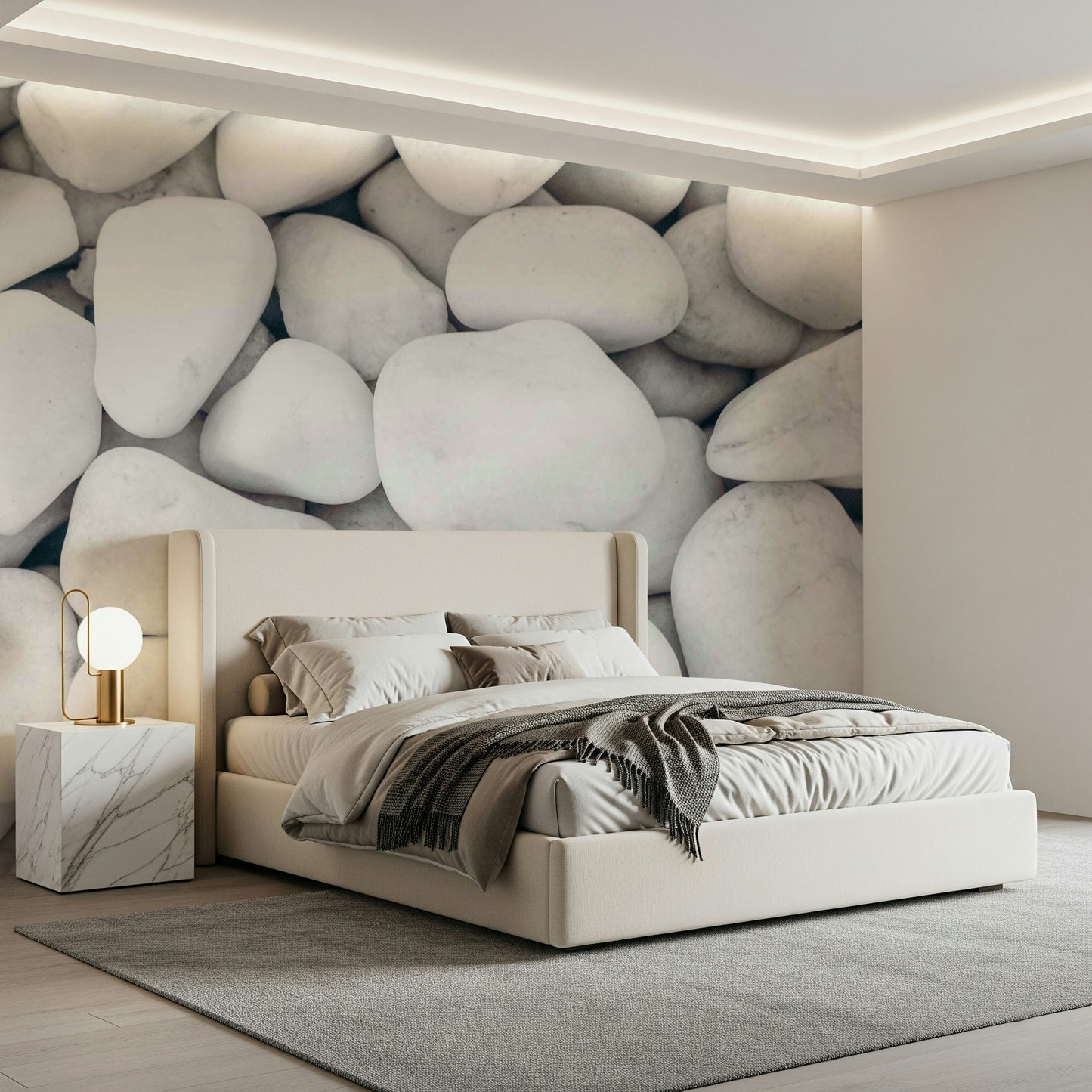 White stone wall covering with realistic pebble textures for modern interiors.