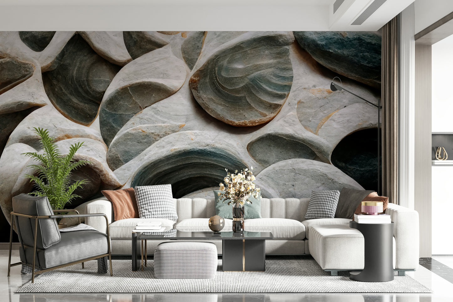 Realistic stone-effect wallpaper perfect for accent walls in living rooms or offices.