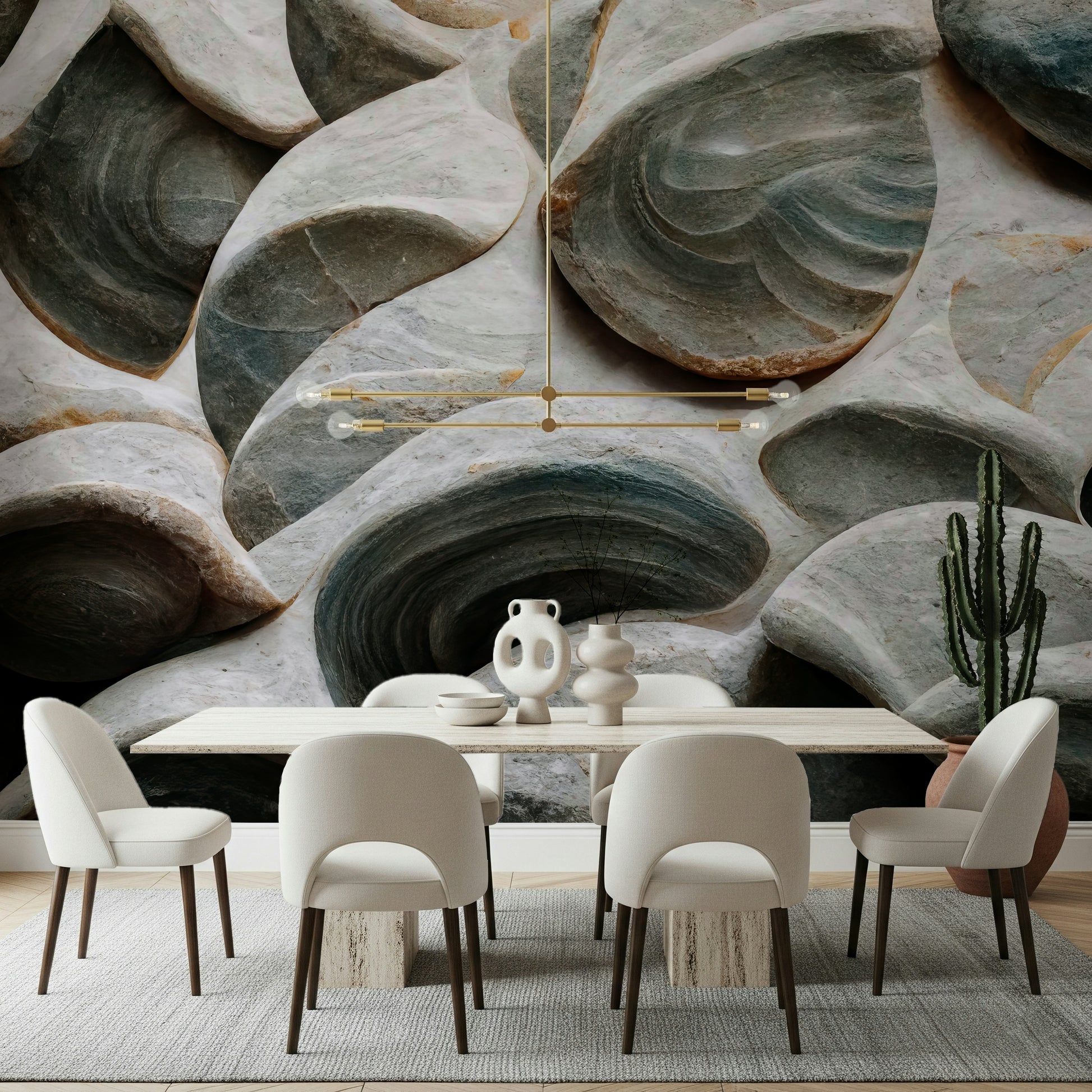 Artistic stone wall mural creating a sophisticated, architectural look.