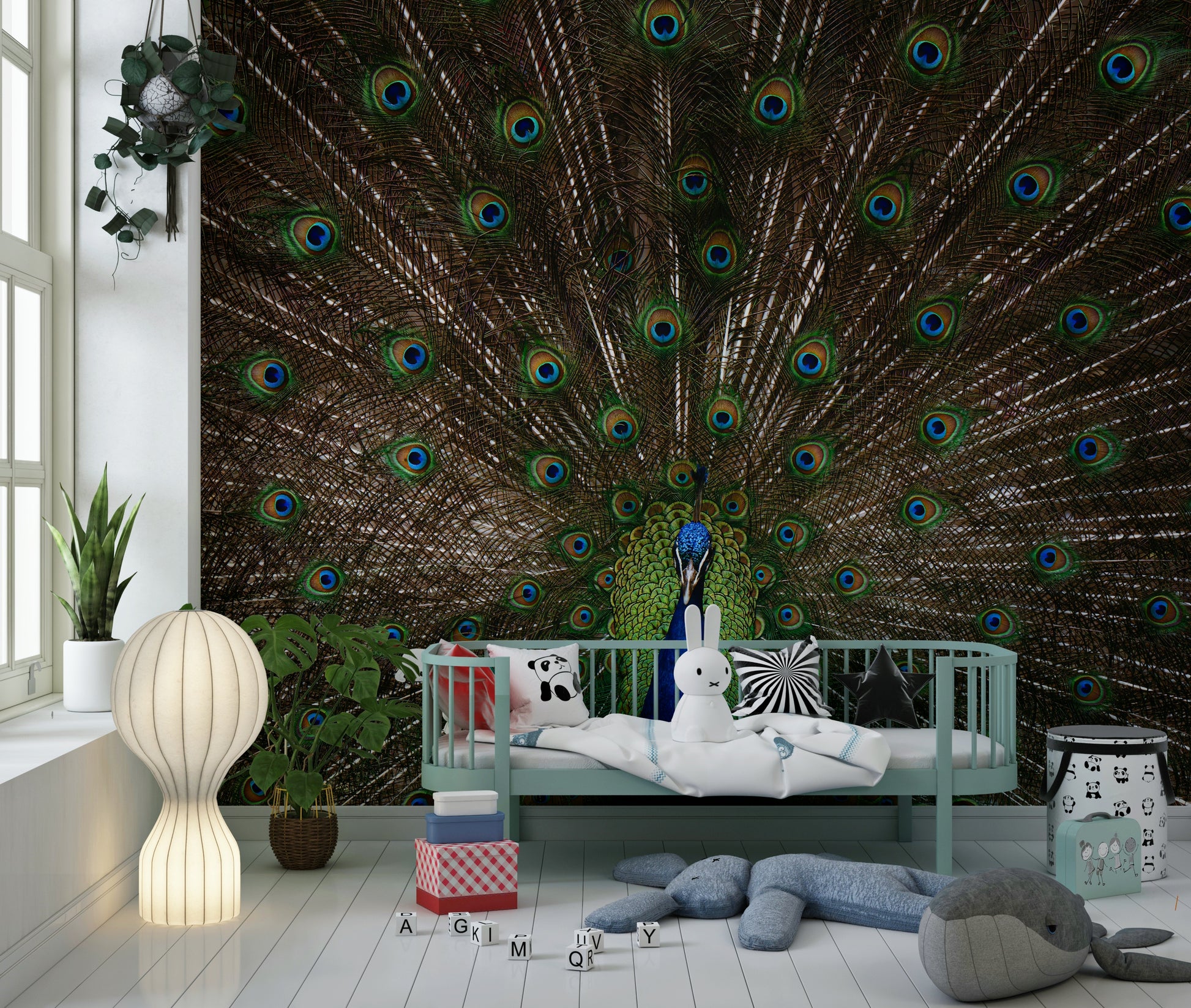Peacock feather mural adding elegance, color, and charm to home interiors.