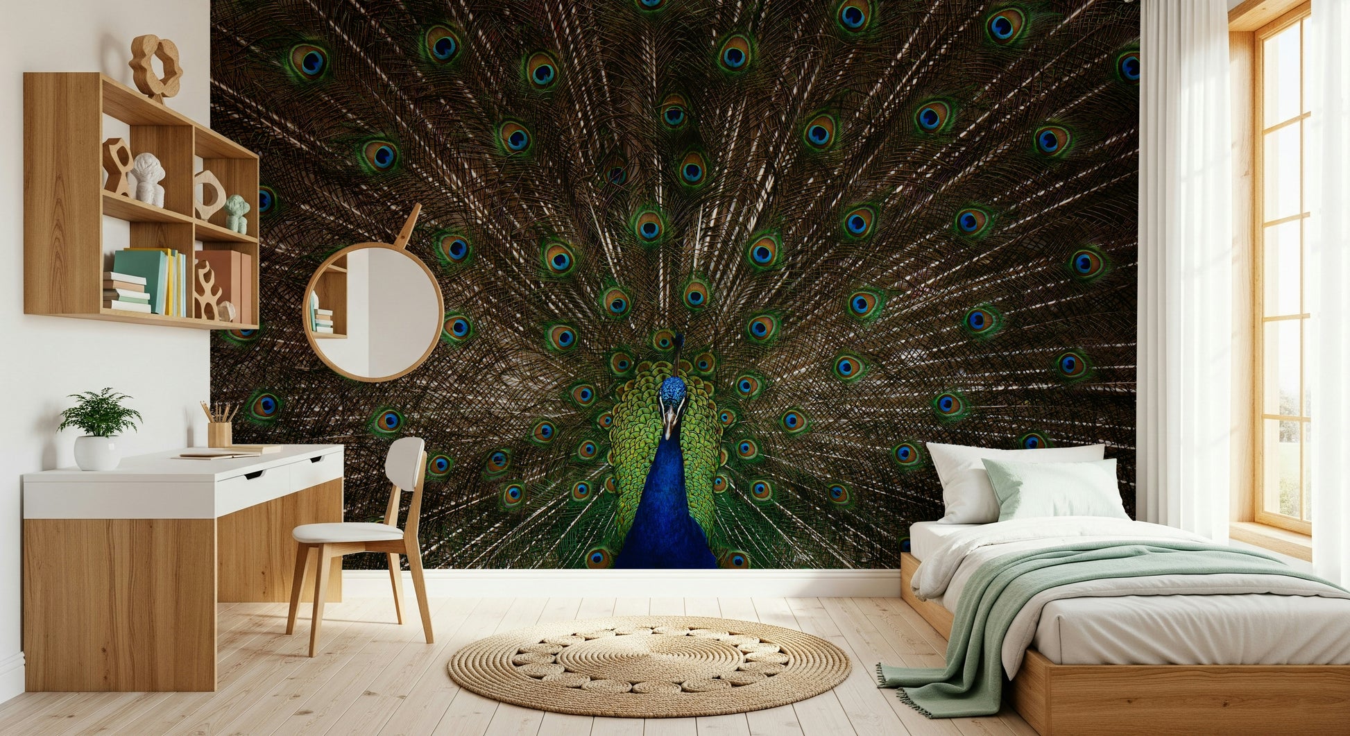 Ornamental peacock wallpaper creating a sophisticated, exotic vibe.