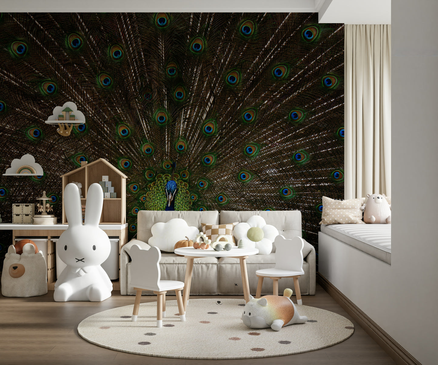 Peacock-themed wallpaper with intricate feather patterns and jewel tones.