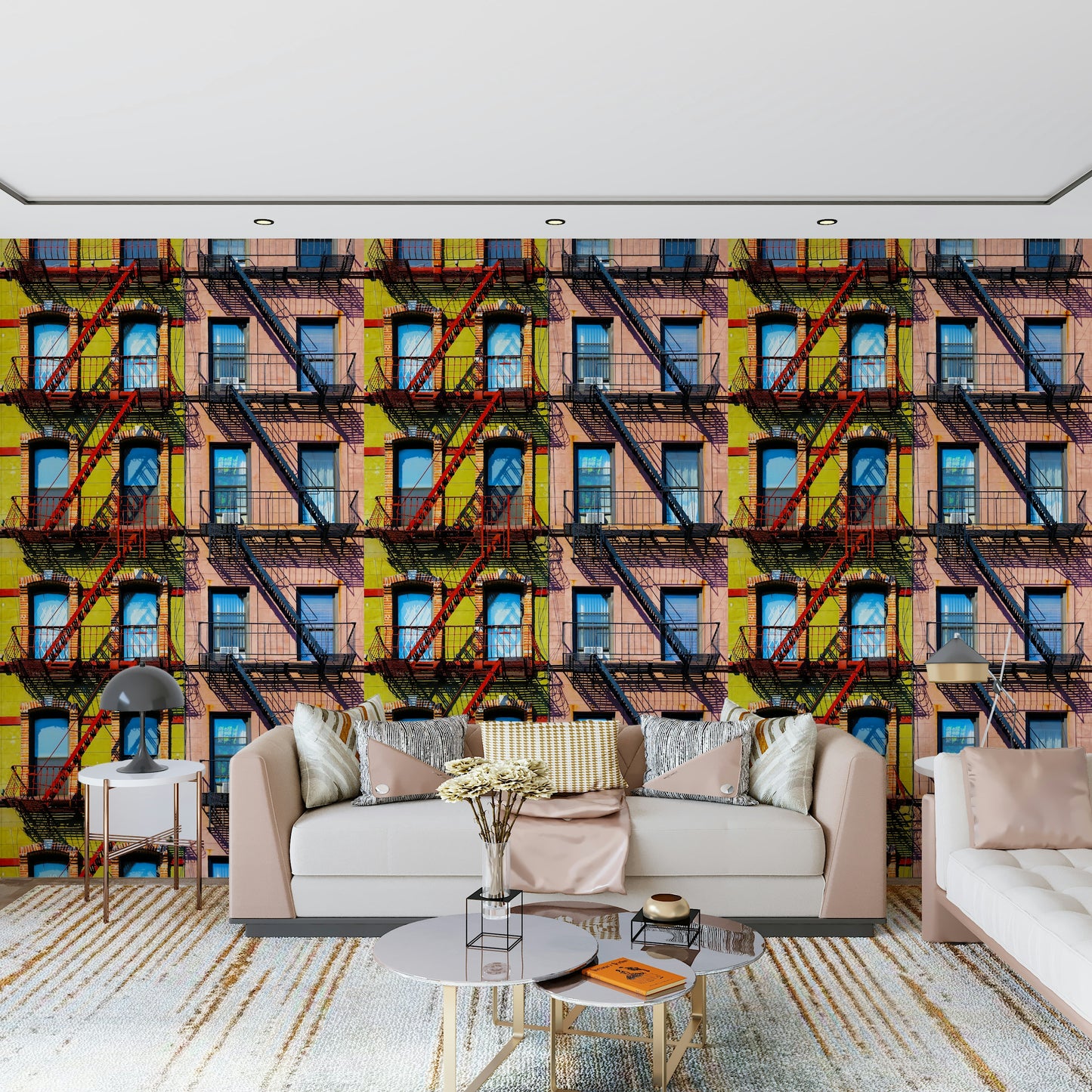 Urban-inspired mural featuring skyscrapers, streets, and city lights.