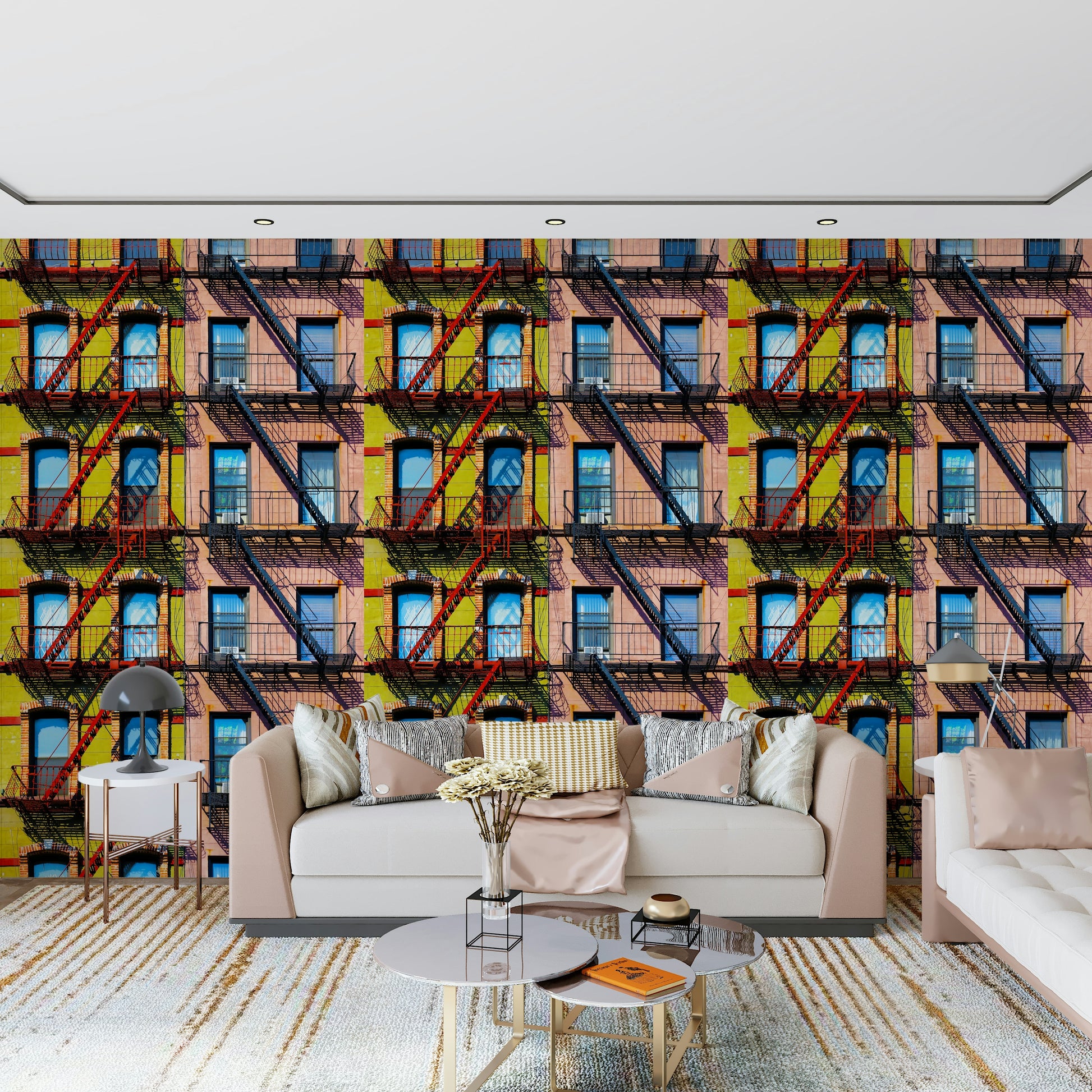 Urban-inspired mural featuring skyscrapers, streets, and city lights.