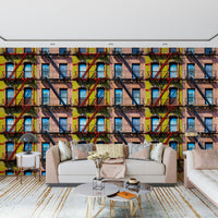 Urban-inspired mural featuring skyscrapers, streets, and city lights.