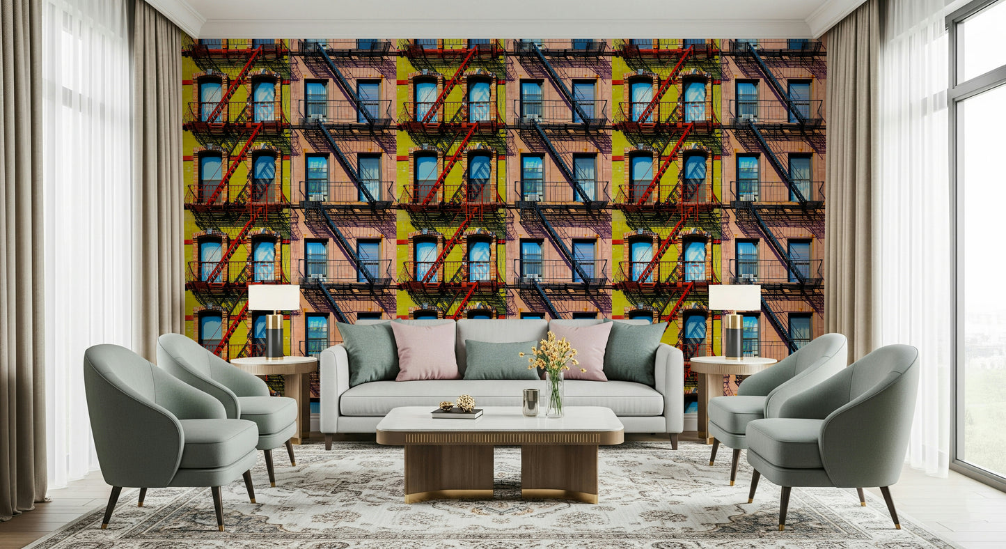Urban-themed wall covering with vibrant buildings and street-inspired design.