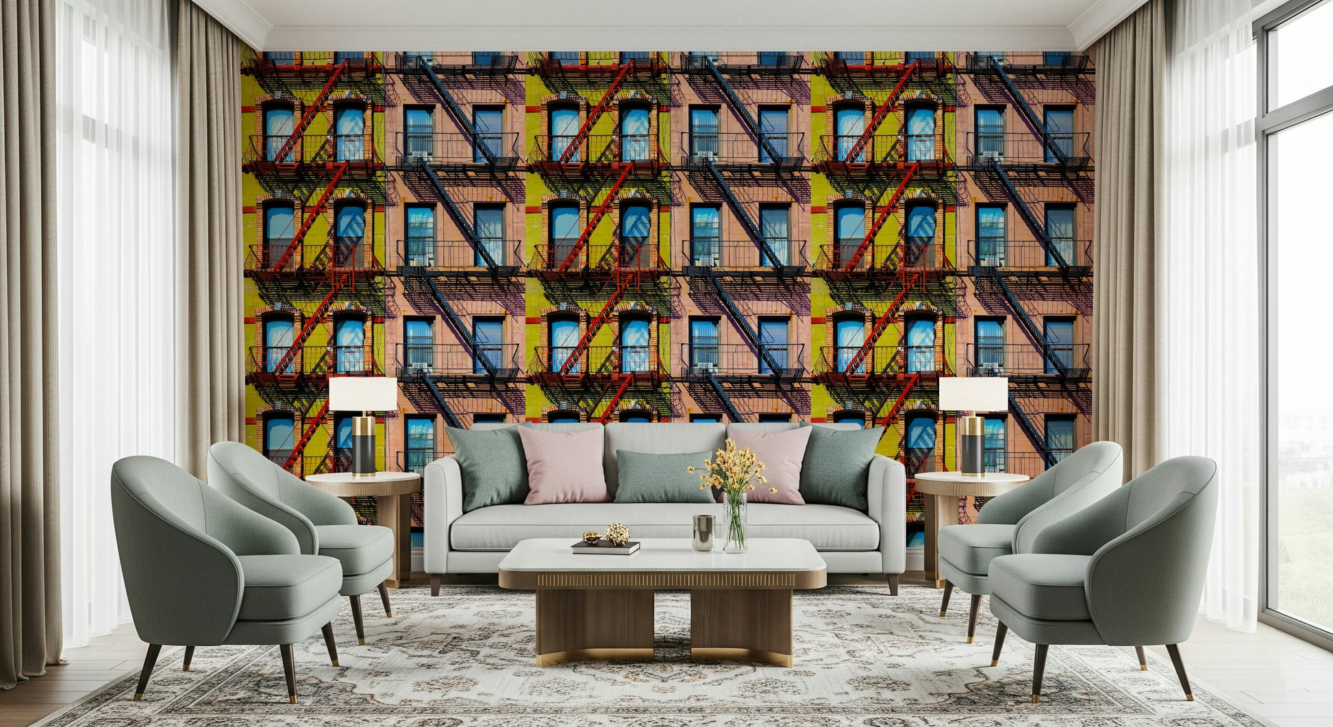 Urban-themed wall covering with vibrant buildings and street-inspired design.
