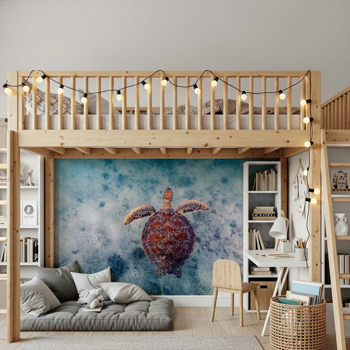 Relaxing sea turtle wall mural creating a tranquil, oceanic decor statement.
