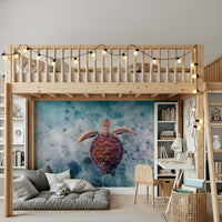 Relaxing sea turtle wall mural creating a tranquil, oceanic decor statement.