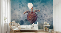 Calm ocean wall mural with swimming sea turtles for a serene, coastal atmosphere.