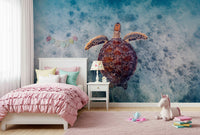 Tranquil sea turtle wall covering with soft blue and turquoise tones.