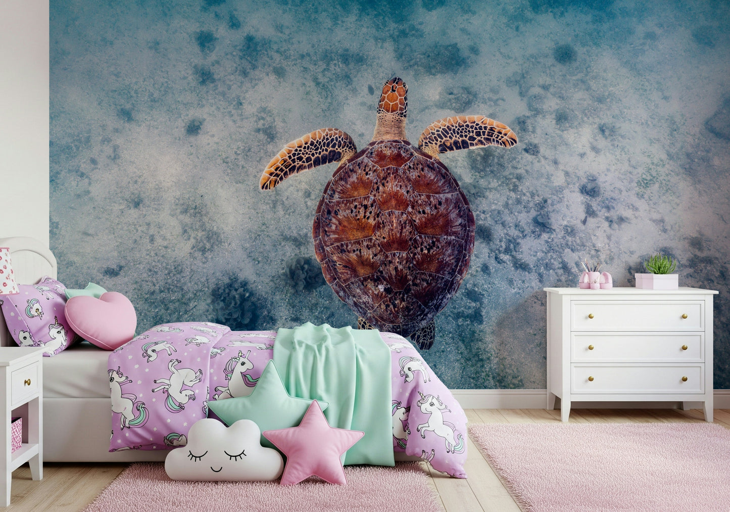 Marine-inspired mural with soft hues and elegant sea turtle illustrations.
