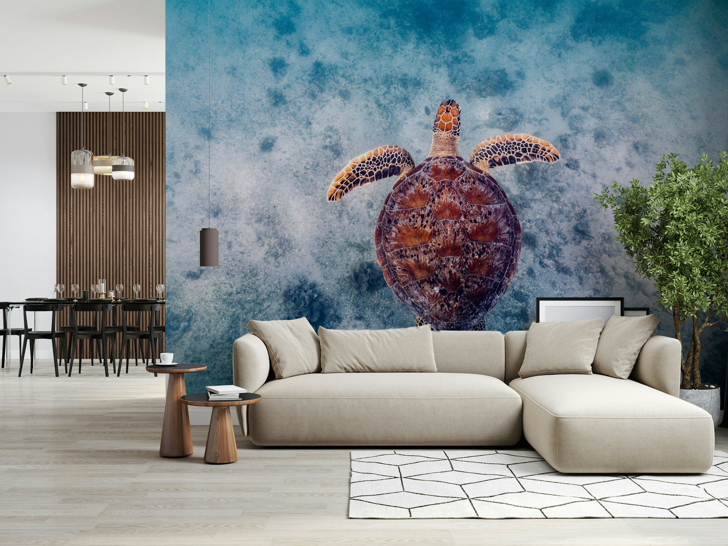 Sea Turtle Serenity Wall Mural featuring gentle sea turtles swimming in calm ocean waters.