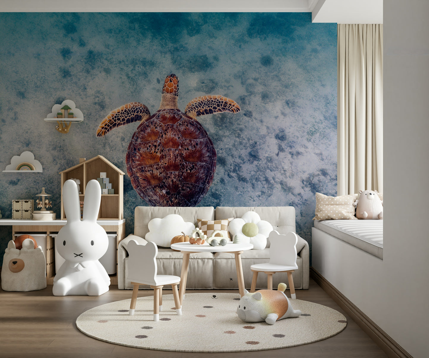 Sea Turtle Serenity wall covering evoking peaceful underwater nature scenes.