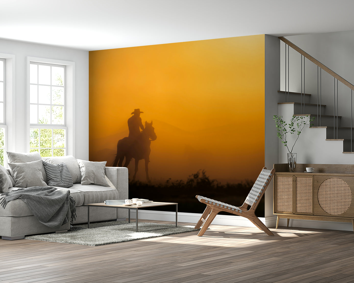 Sunset landscape wall covering with riders enjoying a peaceful evening.