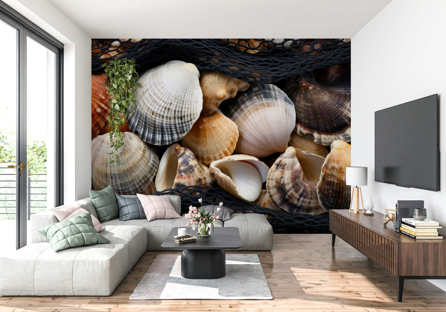 Artistic coastal mural with seashells and marine life for a relaxing home decor.
