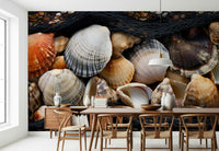 Ocean-themed mural wallpaper with shells, sand, and serene coastal scenery.