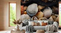 Beach-inspired wall mural featuring subtle shells and coastal treasures motifs.