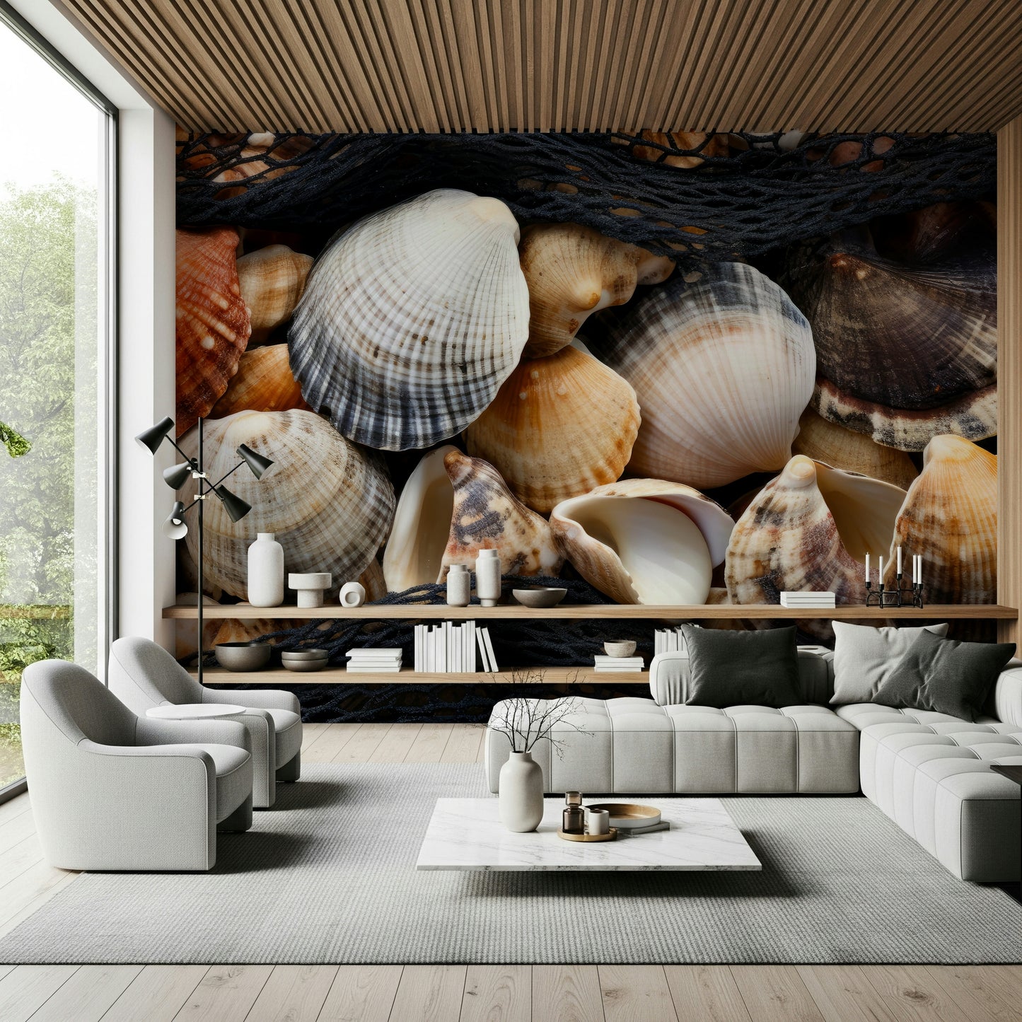 Coastal Treasures mural creating a serene, seaside-inspired interior vibe.
