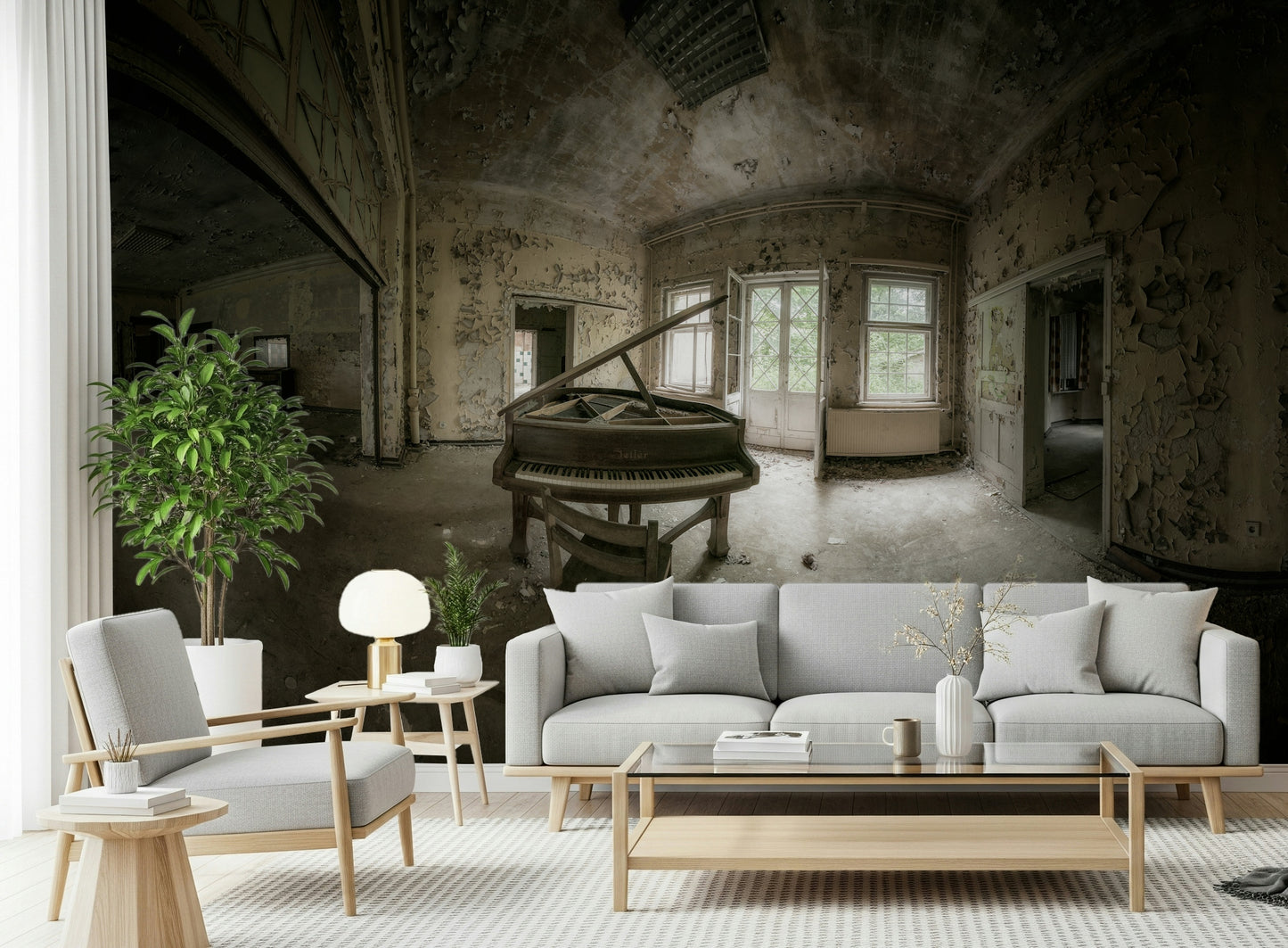 Artistic keyboard wall covering with soft, muted tones and piano motifs.