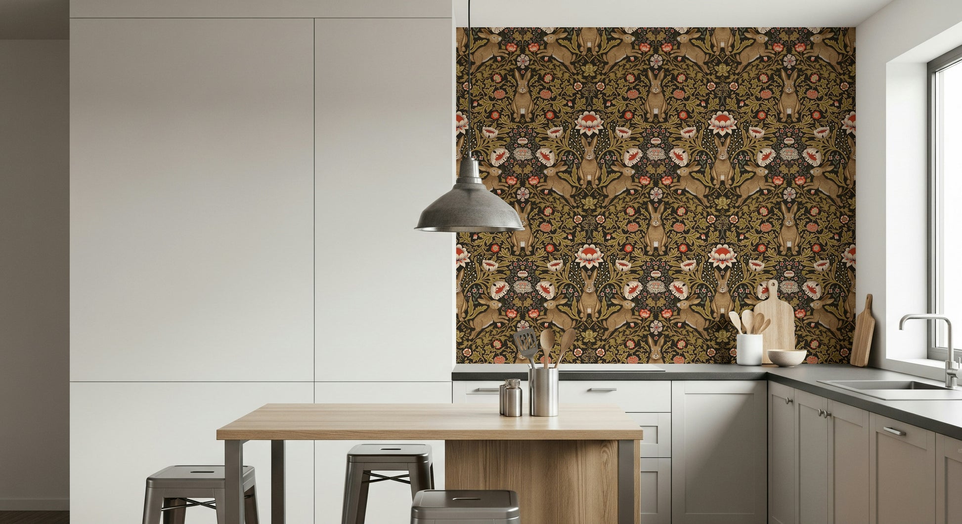 Playful wallpaper featuring hares hopping through vibrant flower blooms.