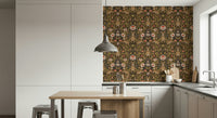 Playful wallpaper featuring hares hopping through vibrant flower blooms.