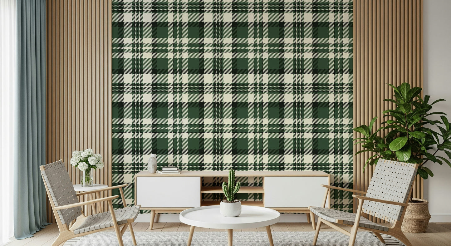 Sleek plaid wallpaper in green shades perfect for accent walls or full room decor.
