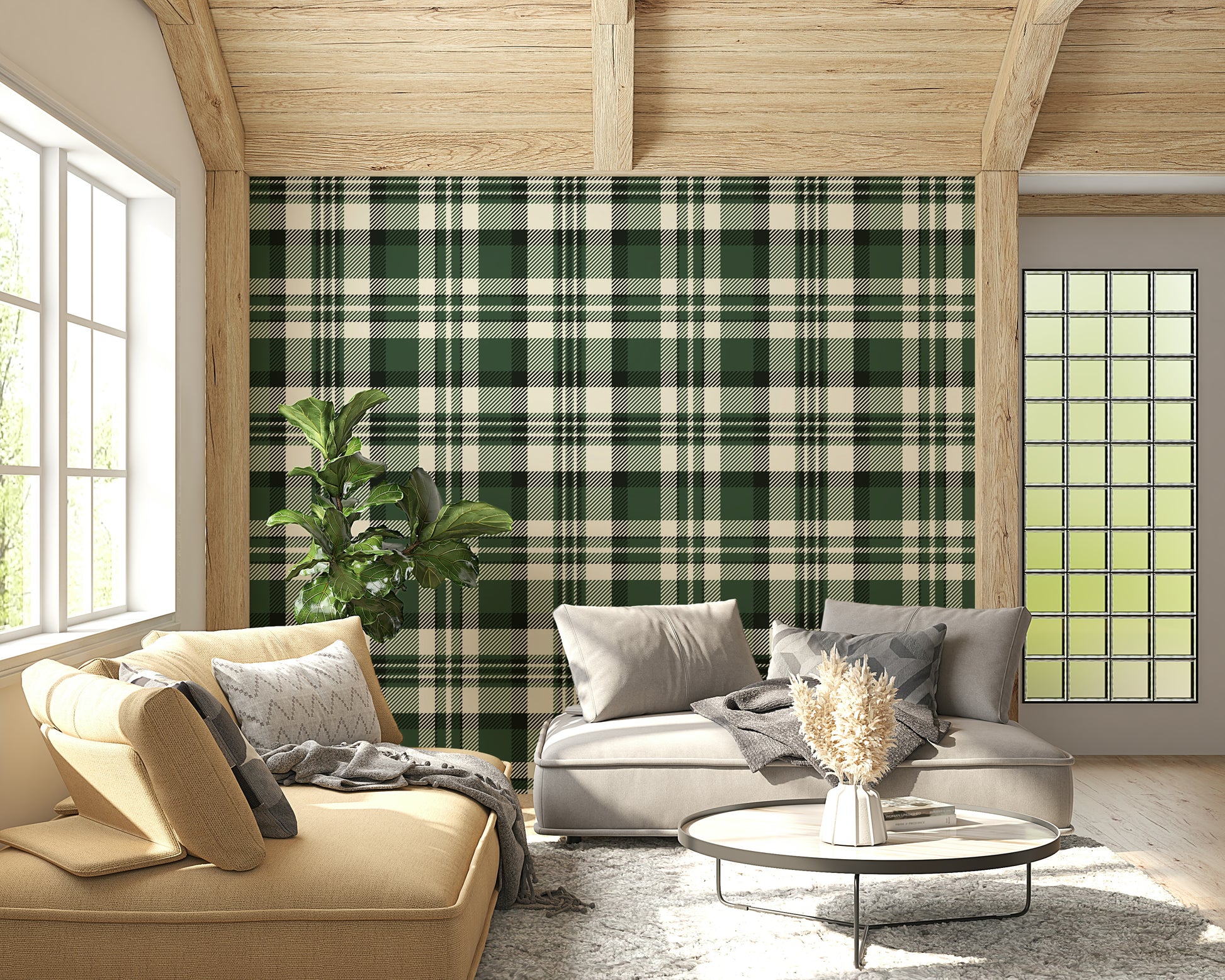 Contemporary green plaid wall covering for stylish bedrooms or living rooms.