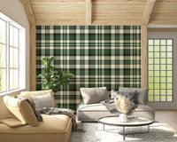 Contemporary green plaid wall covering for stylish bedrooms or living rooms.