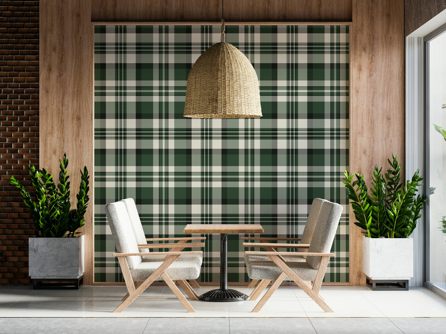 Modern plaid wallpaper featuring vibrant and muted green checks for interiors.