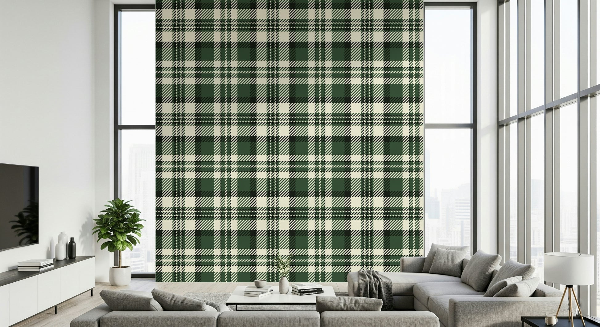 Green checkered wallpaper with a modern twist on classic plaid design.