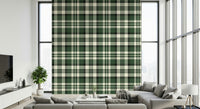 Green checkered wallpaper with a modern twist on classic plaid design.