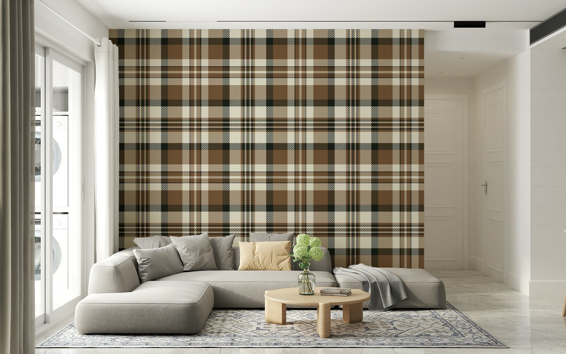 Plaid wallpaper in earthy shades of brown, beige, and green for a rustic look.