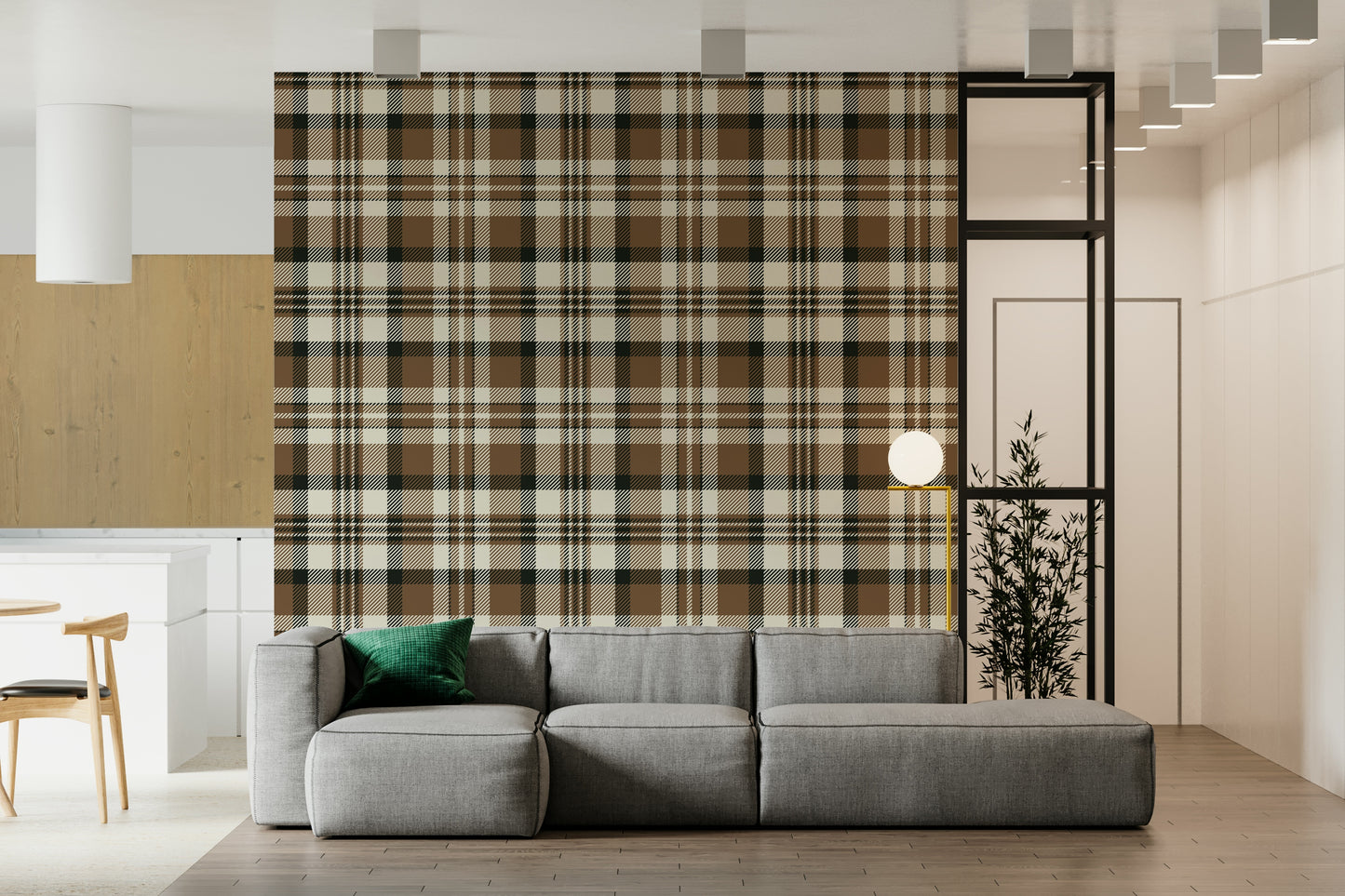 Rustic earthy plaid wallpaper with intersecting checks for stylish home decor.