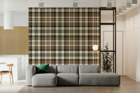 Rustic earthy plaid wallpaper with intersecting checks for stylish home decor.