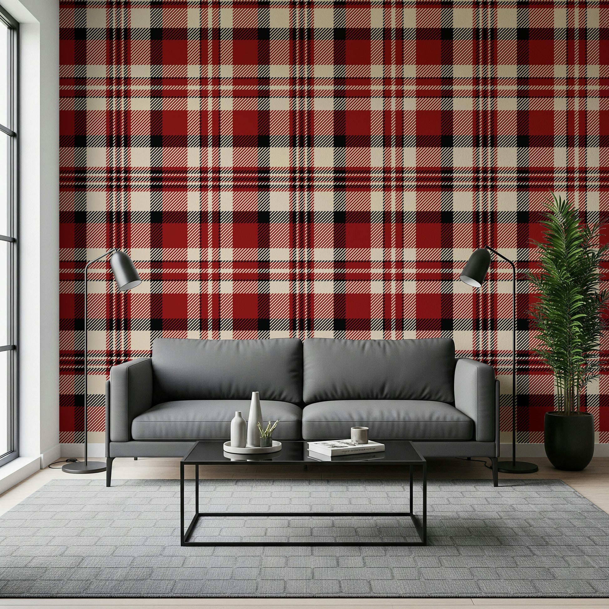 Timeless red plaid wallpaper with intersecting check patterns for stylish interiors.