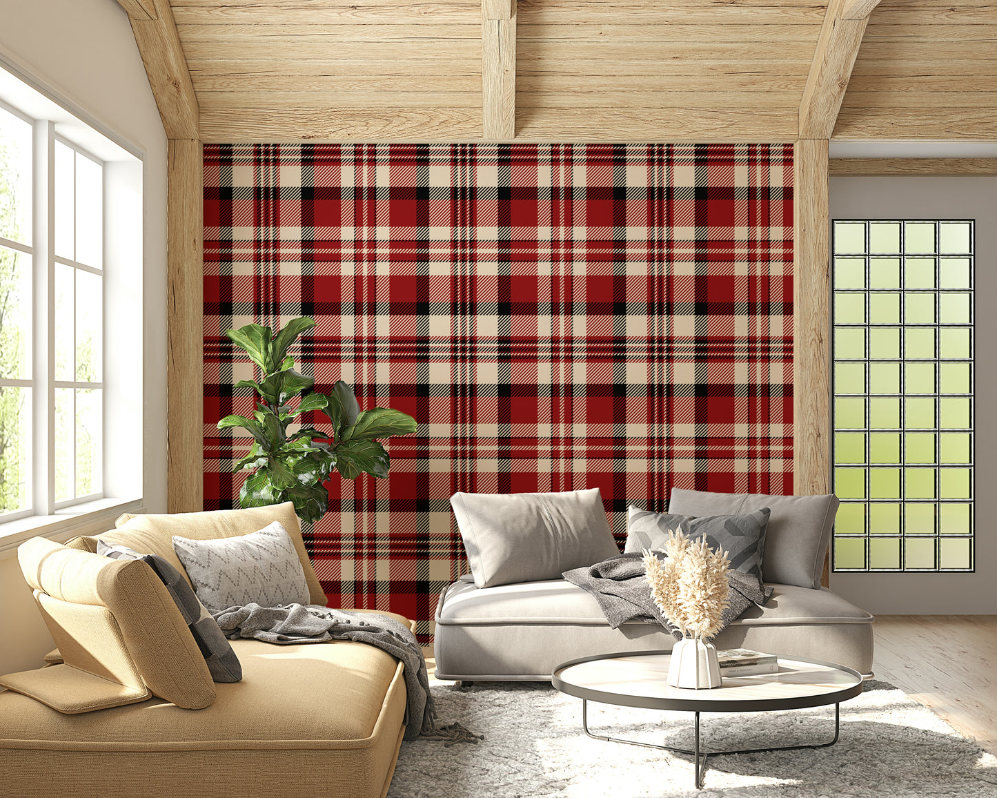 Warm crimson check wallpaper combining traditional tartan charm with modern style.